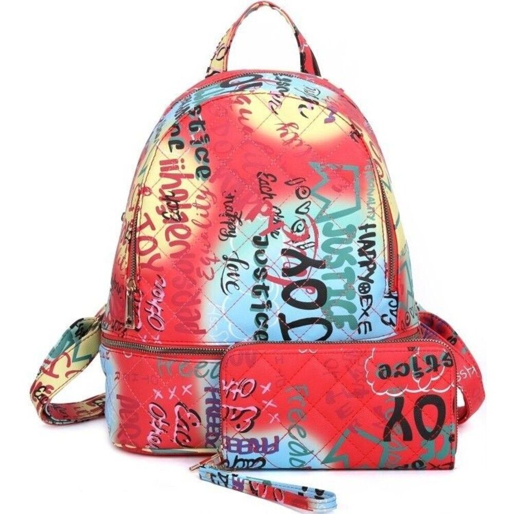 Red Multi Graffiti Backpack Set 2 in 1 Bookbag, Laptop Backpack for School